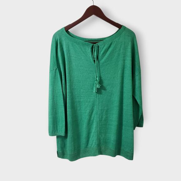 Talbots Green Linen Boatneck Sweater Sz XL Drop Shoulder 3/4 Sleeve Boxy Relaxed - Picture 4 of 12